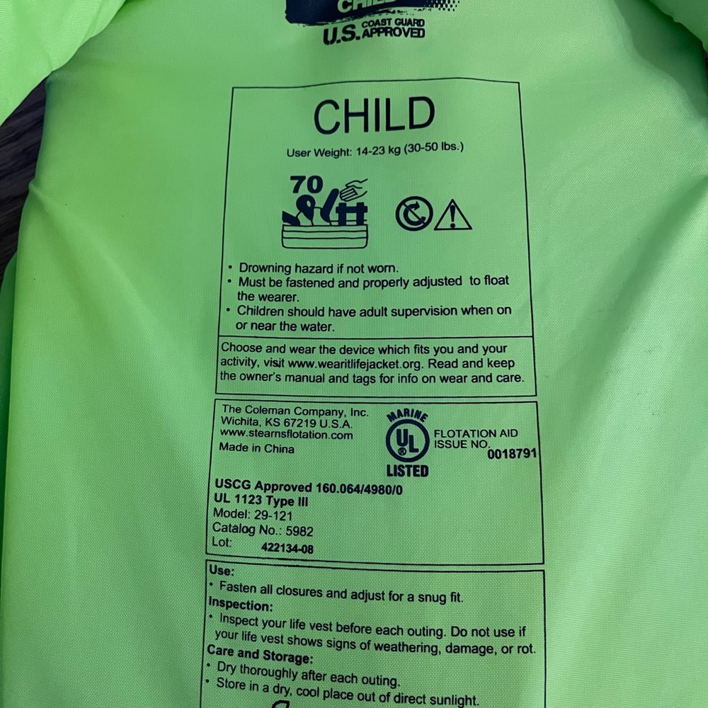 Puddle Jumper Kids Life Jacket - Blue and Green Brand- Stearns  great shape! - Picture 4 of 4